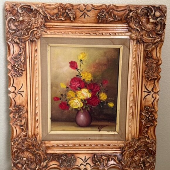 J. Berman painting still life painting of red and yellow roses in a vase - Picture 2 of 8